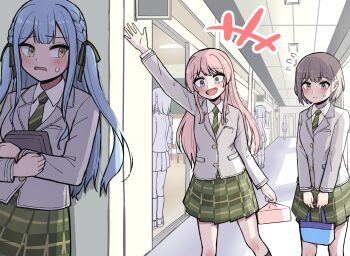 Rule 34 | 6+girls, bag, bang dream!, bang dream! it's mygo!!!!!, bento, blue hair, blush, chihaya anon, closed mouth, collared shirt, commentary request, fang, flying sweatdrops, green necktie, green ribbon, green skirt, grey eyes, grey hair, grey jacket, hair ribbon, haneoka school uniform, highres, holding, holding bag, indoors, jacket, jin (jinkwon1147), korean commentary, long hair, multiple girls, necktie, open mouth, pink eyes, pink hair, plaid clothes, plaid skirt, pleated skirt, ribbon, school uniform, shirt, skirt, smile, sweatdrop, takamatsu tomori, togawa sakiko, two side up, waving, white shirt, yellow eyes