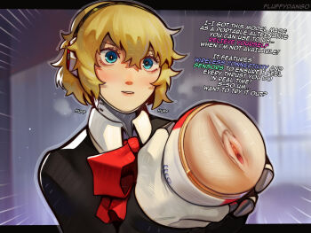 1girl aigis_(persona) android artificial_vagina blonde_hair blue_eyes bow bowtie dildo english_text fluffydango gekkoukan_high_school_uniform hair_between_eyes highres holding holding_sex_toy long_sleeves persona persona_3 red_bow red_bowtie school_uniform sex_toy short_hair solo