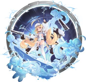 1girl absurdres ahoge armpits arms_up ass azur_lane belt blonde_hair blush boots breasts cable cannon character_name closed_mouth covered_navel detached_sleeves dowsing_rod dress dual_wielding eldridge_(azur_lane) eldridge_(retrofit)_(azur_lane) electricity full_body fur_trim hair_ornament halo hat head-mounted_display highres holding hologram huge_ahoge jacket kinjo_kuromomo logo long_hair long_sleeves looking_at_viewer low_twintails machinery non-web_source official_art one-piece_swimsuit open_clothes portal_(object) puffy_long_sleeves puffy_sleeves red_eyes rigging ship_turret sleeveless small_breasts smile solo surfboard surfing swimsuit thigh_boots thighhighs thighs twintails very_long_hair water white_boots white_jacket white_one-piece_swimsuit white_thighhighs