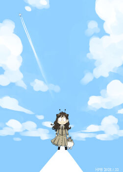 1girl :&gt; absurdres aircraft airplane alternate_hair_color antennae anya_(spy_x_family) black_hair black_necktie black_shoes brown_dress cat contrail dated dress endou_tatsuya hairpods highres long_hair necktie pleated_dress shirt shoes solo spy_x_family white_shirt