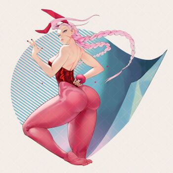 Rule 34 | ass, bare shoulders, blue eyes, braid, breasts, cammy white, cleavage, gabriel carrasquillo, large breasts, leotard, lips, long hair, looking back, pink hair, playboy bunny, rabbit ears, scar, scar on face, sleeveless, standing, standing on one leg, street fighter, thong leotard, very long hair