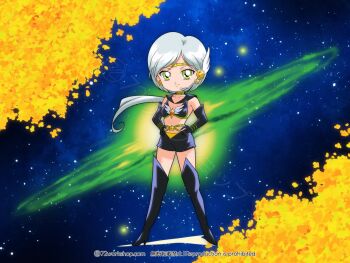 Rule 34 | 1girl, 72workshop, bishoujo senshi sailor moon, bishoujo senshi sailor moon stars, black gloves, black sailor collar, bra, breasts, brooch, circlet, cleavage, commentary request, detached collar, earrings, elbow gloves, gloves, green eyes, hands on own hips, headset, jewelry, long hair, looking at viewer, medium breasts, midriff, navel, ponytail, sailor collar, sailor star healer, shorts, smile, solo, space, star (symbol), star brooch, star earrings, underwear, white hair, yaten kou