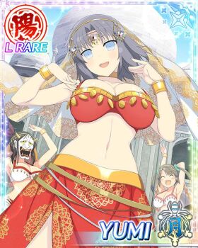 Rule 34 | 3girls, :d, arabian clothes, arm up, armpits, arms up, belly dancing, bikini, blue eyes, border, breasts, brown hair, card (medium), character name, cleavage, closed mouth, day, forehead jewel, game cg, gold armband, grey hair, hannya, large breasts, mask, medium hair, middle eastern architecture, minori (senran kagura), multiple girls, murakumo (senran kagura), noh mask, official art, open mouth, outdoors, red bikini, red skirt, senran kagura, senran kagura new wave, side ponytail, skirt, smile, solo focus, swimsuit, third-party source, twintails, veil, white bikini, white veil, yumi (senran kagura)