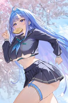 1girl absurdres arcana_(fortune_mate)_(nikke) arcana_(nikke) black_sailor_collar black_serafuku black_skirt blue_eyes blue_hair blue_neckerchief blush bra bread bread_slice breast_zipper breasts commentary_request crop_top cropped_shirt food food_in_mouth goddess_of_victory:_nikke gradient_neckerchief green_neckerchief highres lace lace-trimmed_bra lace_trim large_breasts late_for_school long_hair mouth_hold multicolored_neckerchief navel neckerchief official_alternate_costume outdoors pasadena pleated_skirt running sailor_collar school_uniform serafuku skirt solo toast toast_in_mouth underwear very_long_hair white_bra