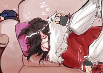 1boy 2girls absurdres animal_ears artist_name ascot black_gloves black_hat blue_flower blue_rose brown_hair cape commentary couch cushion english_commentary exocorpse fingerless_gloves flower fur-trimmed_cape fur_trim gloves haru_urara_(bestest_prize)_(umamusume) haru_urara_(umamusume) hat hat_flower highres holding holding_unworn_clothes holding_unworn_hat horse_ears horse_girl long_sleeves lying minecraft_youtube multiple_girls on_couch on_side out_of_frame pink_gloves pinstripe_pattern pinstripe_shirt purple_sleeves red_cape rice_shower_(rosy_dreams)_(umamusume) rice_shower_(umamusume) rose shirt signature sketch sleeping sleeves_past_wrists solo_focus tearing_up technoblade umamusume unworn_hat unworn_headwear watermark white_ascot white_shirt zzz