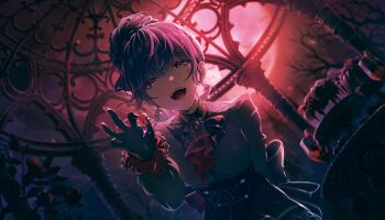 1girl alcohol architecture arm_behind_back asahina_mafuyu back_ribbon black_corset black_gloves black_ribbon black_shirt black_sky black_theme bow bowtie breasts brooch cake chocolate colorful_palette column corset cross-laced_clothes cross-laced_corset cup curly_hair curly_sidelocks drinking_glass dutch_angle earrings eyelashes fangs flower food frilled_sleeves frills fruit full_body game_cg gem gloves goth_fashion gothic_architecture gradient_clothes gradient_shirt hair_bun hair_up hand_up highres jewelry juliet_sleeves kono_hito_hari_ni_omoi_wo_komeru_(project_sekai) limited_palette lips long_sleeves looking_at_viewer medium_breasts moon muted_color night official_alternate_costume official_alternate_hair_length official_alternate_hairstyle official_art open_mouth parted_lips pillar project_sekai puffy_sleeves purple_eyes purple_hair red_bow red_bowtie red_flower red_gem red_moon red_rose red_shirt red_theme red_wine ribbon rose shirt sidelighting single_hair_bun sky solo strawberry table teeth thick_eyelashes third-party_source tongue tree two-tone_bow two-tone_bowtie upper_body upper_teeth_only wine wine_glass