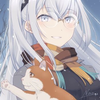 Rule 34 | 1girl, artist name, bespectacled, black shirt, brown scarf, cat, coat, commentary request, fuyutsuki (kancolle), glasses, grey coat, grey eyes, grey hair, kantai collection, multicolored scarf, nao (nao eg), one side up, parted lips, scarf, shirt, smile, snow, upper body