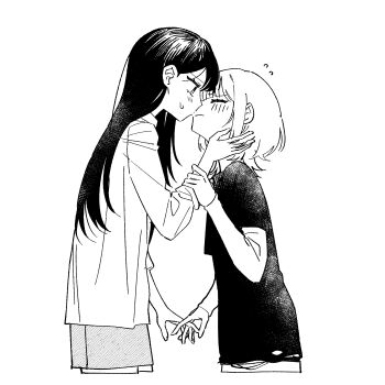 2girls bang_dream! bang_dream!_it&#039;s_mygo!!!!! blush closed_eyes closed_mouth commentary_request flying_sweatdrops greyscale highres holding_another&#039;s_wrist holding_hands imminent_kiss kaname_raana korean_commentary long_hair medium_hair monochrome multiple_girls neonfloyd shiina_taki shirt skirt sweat wolf_cut yuri