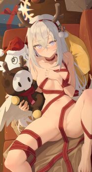 1girl absurdres antlers areola_slip azusa_(blue_archive) blue_archive blush breasts character_doll couch doll fake_antlers gluteal_fold gradient_eyes grey_hair groin hair_between_eyes halo highres horns long_hair looking_at_viewer lying multicolored_eyes naked_ribbon navel on_back on_couch parted_lips peroro_(blue_archive) purple_eyes red_ribbon reindeer_antlers ribbon skullman_(blue_archive) small_breasts solo t-hou thighs yellow_halo