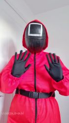 1girl animated bouncing_breasts breast_hold breasts breasts_out cosplay flashing gloves highres hood hooded_jacket huge_breasts jacket large_breasts long_sleeves mask mouth_mask nicolebun nipples no_bra photo_(medium) pink_jacket presenting real_life solo sound squid_game standing thumbs_up video waving