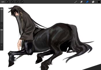 1boy animal_ears art_program_in_frame black_hair centaur closed_eyes commentary_request full_body gold_trim head_down heishou_pack-wu_branch_(identity)_(project_moon) highres horse_ears icco_ho limbus_company long_hair long_sleeves male_focus official_alternate_costume on_ground project_moon screencap sitting solo taur yi_sang_(project_moon)