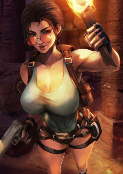 1girl absurdres backpack bag bare_shoulders black_gloves braid braided_ponytail breasts brown_hair brown_shorts cleavage commentary english_commentary fingerless_gloves fire glasses gloves grey_shirt gun highres holding holding_gun holding_torch holding_weapon lara_croft large_breasts monori_rogue round_eyewear shirt short_shorts shorts solo tomb_raider torch weapon