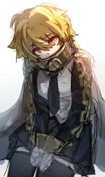 1girl black_necktie black_skirt black_thighhighs cape chain collar commentary cowboy_shot cuffs don_quixote_(project_moon) english_commentary highres index_(identity)_(project_moon) limbus_company necktie pleated_skirt project_moon rewlzeu shackles shirt simple_background sketch skirt solo thighhighs white_background white_cape white_shirt