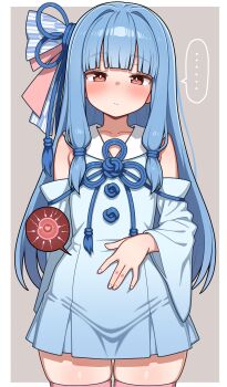 ... 1girl absurdres blue_dress blue_hair blue_sleeves blush closed_mouth collarbone commentary_request cowboy_shot detached_sleeves dress fertilization flat_chest grey_background hand_on_own_stomach heart highres impregnation kotonoha_aoi long_hair long_sleeves looking_at_viewer ovum ovum_with_heart pink_thighhighs red_eyes shiguren_39 sleeveless sleeveless_dress solo speech_bubble sperm_cell spoken_ellipsis straight-on thighhighs voiceroid yagasuri