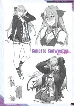 Rule 34 | 1girl, absurdres, artbook, breasts, breasts apart, cleavage, concept art, denim, denim shorts, fingernails, full body, hair ribbon, highres, huge breasts, long hair, looking at viewer, monochrome, multiple views, non-web source, official art, open mouth, parted lips, reference sheet, ribbon, scan, shatte judevesten, shiny skin, shirt, shorts, sketch, striped clothes, striped shirt, super robot wars, super robot wars x-omega, tan, teeth, upper body, very long hair, watanabe wataru (character designer), wide hips