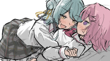 Rule 34 | 2girls, @ @, amaori renako, ashigaya high school uniform, blue hair, blush, bow, bowtie, breasts, commentary request, grey skirt, hair bun, hug, koyanagi kaho, large breasts, medium hair, multiple girls, o0elnc, open mouth, pink hair, plaid clothes, plaid skirt, pleated skirt, purple eyes, red bow, red bowtie, school uniform, shirt, simple background, single side bun, skirt, watashi ga koibito ni nareru wake naijan murimuri!, white background, white shirt, yellow eyes, yuri