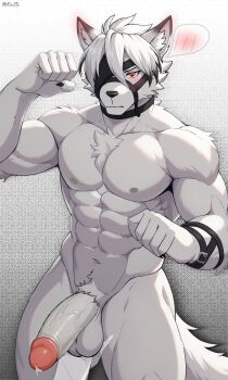1boy abs animal_ears bara blush caressing_testicles claws clenched_hand closed_mouth colored_tips commentary completely_nude disembodied_hand ear_blush english_commentary erection eyepatch furry furry_male highres male_focus multicolored_hair muscular muscular_male navel nipples nude pectorals pens precum red_eyes speech_bubble spoken_blush tail testicles von_lycaon wavy_mouth wolf_boy wolf_ears wolf_tail yaoling zenless_zone_zero