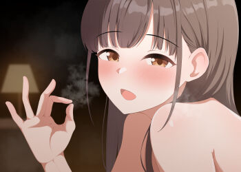 1girl absurdres blurry blurry_background blush brown_eyes brown_hair dark_room fellatio_gesture from_side hair_behind_ear half-closed_eyes hand_up highres idolmaster idolmaster_shiny_colors lamp long_hair looking_at_viewer looking_to_the_side mithrilrim nude open_mouth sidelocks solo sonoda_chiyoko steam straight_hair upper_body