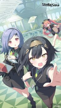 Rule 34 | 3girls, :p, amber (stella sora), artist request, black gloves, black hair, black pantyhose, black shoes, black skirt, blue eyes, book, box, camera, cardboard box, commentary, copyright name, english commentary, fingerless gloves, gloves, green necktie, hair between eyes, hair ornament, highres, holding, holding box, holding camera, iris (stella sora), mistique (stella sora), multiple girls, necktie, official art, open book, open mouth, orange hair, pantyhose, paper, plant, purple hair, red eyes, shoes, skirt, stella sora, tongue, tongue out, twintails, yellow eyes