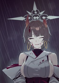 1girl ^_^ absurdres black_hair blood blood_on_clothes blood_on_face blue_archive breasts broken_horn closed_eyes commentary_request detached_sleeves earrings grey_halo halo highres hinamatsu_(86089979) hoop_earrings horns japanese_clothes jewelry kimono large_breasts niya_(blue_archive) open_mouth rain reze's_eye_twitch_(chainsaw_man) short_hair sideboob sideless_kimono smile solo upper_body white_kimono white_sleeves