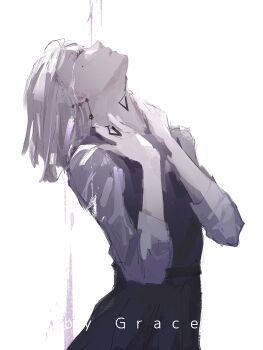 1girl absurdres artist_name black_dress chainsaw_man closed_eyes closed_mouth dress earrings fami_(chainsaw_man) fourth_east_high_school_uniform graceart0518 highres jewelry liquid long_sleeves pinafore_dress school_uniform shirt sleeveless sleeveless_dress solo white_hair white_shirt