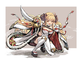 1girl absurdres ahoge anila_(granblue_fantasy) black_sandals black_skirt blonde_hair breasts cape cleavage commentary_request curled_horns detached_collar draph dress elbow_gloves full_body fur-trimmed_cape fur-trimmed_collar fur_trim gloves granblue_fantasy haniwa_(leaf_garden) highres horns large_breasts long_hair long_sidelocks miniskirt naginata okobo open_mouth platform_sandals pleated_skirt polearm sandals sheep_horns sidelocks skirt solo squatting strapless strapless_dress tabi thick_eyebrows thighhighs two-sided_cape two-sided_fabric v-shaped_eyebrows very_long_sidelocks weapon white_cape white_dress white_gloves white_thighhighs yellow_eyes