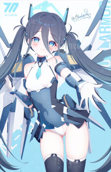 1girl absurdres aris_(armed)_(blue_archive) aris_(blue_archive) bare_shoulders black_hair black_thighhighs blue_archive blue_eyes blue_halo blue_leotard blue_necktie blush bracer chinese_commentary commentary_request gloves hair_between_eyes halo highres leotard long_hair looking_at_viewer mecha_musume multicolored_leotard necktie official_alternate_costume official_alternate_hairstyle ohako_miyu parted_lips reaching reaching_towards_viewer smile solo thighhighs twintails very_long_hair white_gloves white_leotard