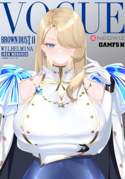 1girl absurdres bare_shoulders blonde_hair blue_eyes blue_gemstone breasts brown_dust_(series) brown_dust_2 buttons character_name coat coat_on_shoulders collarbone copyright_name cover double-breasted earrings elbow_gloves english_text eyes_visible_through_hair fake_magazine_cover gem gloves gold_trim highres huge_breasts jewelry looking_at_viewer magazine_cover solo text_background upper_body white_coat white_gloves wilhelmina_(brown_dust) wilhelmina_(iron_monarch)_(brown_dust_2) wilhelmina_bd2
