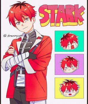 1boy =_= bandaged_arm bandages brown_hair character_name commentary_request crossed_arms crying gloves highres jacket light_smile male_focus multicolored_hair multiple_expressions onka_(aun_ka28) open_mouth red_eyes red_hair red_jacket roots_(hair) single_glove solo sousou_no_frieren stark_(sousou_no_frieren) tears twitter_username two-tone_hair upper_body