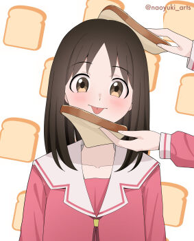 Rule 34 | 2girls, absurdres, artist name, azumanga daioh's school uniform, azumanga daiou, black hair, blush, bread, bread slice, brown eyes, collarbone, commentary, food, highres, holding, holding food, idiot sandwich (meme), kasuga ayumu, long hair, long sleeves, looking at viewer, meme, multiple girls, naoyuki arts, photo-referenced, pink serafuku, sailor collar, school uniform, serafuku, solo focus, tongue, tongue out, twitter username, white sailor collar, winter uniform