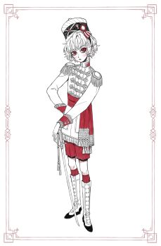 Rule 34 | 1boy, blush, boots, border, closed mouth, commentary, costume request, eleanor (ohmyeleanor), epaulettes, hat, henri die heilige, highres, looking to the side, male focus, partially colored, pocket mirror, red border, red eyes, red shorts, red socks, shako cap, short hair, shorts, simple background, socks, solo, standing, sword, weapon, white background