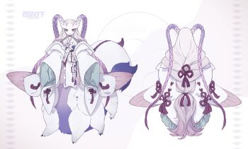 Rule 34 | 1girl, braid, commentary request, full body, gradient hair, highres, hoshi rousoku, japanese clothes, kimono, long hair, monster girl, multicolored hair, multiple views, original, purple eyes, purple hair, standing, taur, turnaround, twin braids, very long hair, white background, white kimono