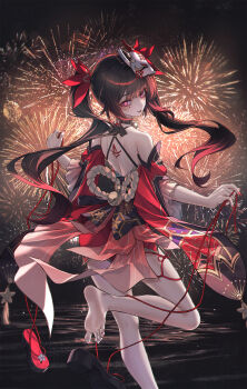 Rule 34 | 1girl, bare shoulders, barefoot, bell, black choker, black gloves, brown hair, choker, detached sleeves, dress, fox mask, gloves, halterneck, highres, honkai: star rail, honkai (series), long hair, looking at viewer, looking back, mark under both eyes, mask, mask on head, neck bell, neon (pixiv 31150749), open mouth, pink eyes, red dress, red sleeves, sash, shoe dangle, smile, soles, solo, sparkle (honkai: star rail), toes, twintails