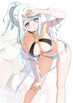 absurdres bikini blue_bikini blue_nails commentary_request copyright_request frilled_bikini frills hand_on_own_forehead hand_on_own_knee high_ponytail highres leaning_forward multicolored_bikini oz1n ponytail see-through_clothes see-through_shirt shiraai_sora shirt side-tie_bikini_bottom swimsuit virtual_youtuber white_hair