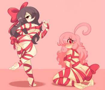 2girls ahoge ass back barefoot between_buttocks black_eyes blush bow breast_ribbon breasts brown_hair butt_crack completely_nude dimples_of_venus embarrassed from_behind hair_bow large_breasts liddell_(limbros) limbros long_hair looking_at_viewer looking_back melody_valentine_(limbros) multiple_girls naked_ribbon nude nudist original pink_background pink_hair red_bow red_eyes red_ribbon ribbon seiza shiny_skin simple_background sitting smile soles standing teeth wariza