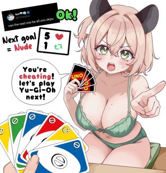 1girl animal_ears blonde_hair blush bra breasts green_eyes hair_between_eyes indie_virtual_youtuber large_breasts looking_at_viewer moshiedraws nimi_nightmare open_mouth panties speech_bubble table tapir_ears tapir_girl twitter_strip_game twitter_username underwear uno_(game) virtual_youtuber white_background
