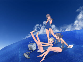 3girls arm_support barefoot blue_theme braid bucket cleaning closed_eyes cloud day feet glasses grey_hair kiriman_(souldeep) legs_up long_hair mop multiple_girls one-piece_swimsuit original ponytail pout rooftop school_uniform serafuku sigh sky solar_panel soles swimsuit toes twintails water