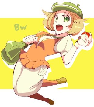 Rule 34 | 1girl, bianca (pokemon), blonde hair, commentary request, drop shadow, full body, green eyes, green hat, hat, holding, holding poke ball, looking at viewer, nintendo, open mouth, orange pantyhose, orange shirt, pantyhose, poke ball, poke ball (basic), pokemon, pokemon bw, shirt, skirt, solo, uyu ww, white skirt, yellow background