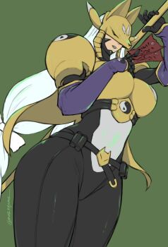 1girl armor black_bodysuit bodysuit breasts cowboy_shot digimon digimon_(creature) fox_mask gold_armor green_background highres holding holding_staff large_breasts long_hair mas_square mask ofuda purple_lips sakuyamon shoulder_armor simple_background solo staff white_hair