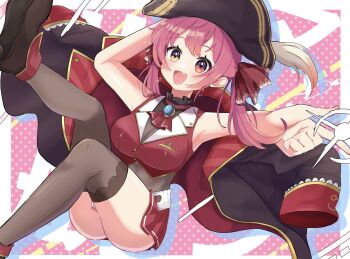 1girl armpits ascot bare_shoulders blush breasts cleavage gloves hair_ribbon hat heterochromia highres hololive hololive_fantasy houshou_marine houshou_marine_(1st_costume) jewelry kimukichi_0224 large_breasts leotard leotard_under_clothes looking_at_viewer no_eyepatch open_mouth pirate pirate_hat red_ascot red_eyes red_hair ribbon see-through_cleavage see-through_clothes see-through_leotard shoe_soles smile solo thighhighs twintails virtual_youtuber yellow_eyes zettai_ryouiki