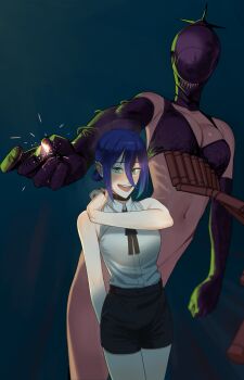 2girls absurdres apron black_gloves black_shorts blue_hair bomb_devil_(chainsaw_man) breasts brown_apron chainsaw_man dynamite elbow_gloves explosive gloves green_eyes grey_shirt hair_between_eyes highres hong_doo medium_breasts multiple_girls navel object_head open_mouth reze_(chainsaw_man) shirt shirt_tucked_in shorts sleeveless sleeveless_shirt sparks