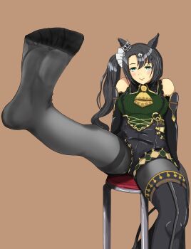 1girl absurdres black_gloves black_hair black_pantyhose black_tail blush boots chair check_copyright copyright_request feet gloves green_eyes highres horse_girl light_smile looking_at_viewer outstretched_foot outstretched_leg pantyhose presenting_foot satono_crown_(emerald_journey)_(umamusume) satono_crown_(umamusume) see-through_clothes see-through_legwear see-through_pantyhose shoes single_shoe sitting soles solo thigh_boots toes umamusume user_znrc5425