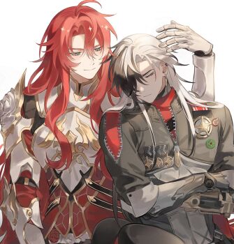 2boys ahoge argenti_(honkai:_star_rail) armor black_hair black_hat black_jacket blush boothill_(honkai:_star_rail) breastplate bullet_earrings cape closed_eyes closed_mouth commentary_request cropped_jacket crossed_arms crossed_bangs cyborg ear_piercing earrings gauntlets gold_earrings gold_trim green_eyes hair_between_eyes hair_intakes hair_over_one_eye hand_up hat highres honkai:_star_rail honkai_(series) jacket jewelry korean_commentary leaning_on_person long_hair long_sleeves looking_at_another mahan_(mahan3890) male_focus mole mole_under_eye multicolored_hair multiple_boys one_eye_covered parted_bangs pauldrons piercing red_cape red_hair red_shirt sheriff_badge shirt short_sleeves shoulder_armor sidelocks simple_background sleeping sleeping_upright smile streaked_hair unworn_hat unworn_headwear upper_body vambraces white_background white_hair yaoi zipper zipper_pull_tab