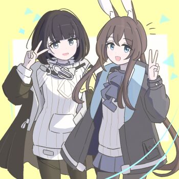 2girls :d amiya_(arknights) animal_ears arknights arknights:_endfield ascot black_ascot black_hair black_jacket black_pantyhose blue_eyes brown_hair commentary cowboy_shot dot_nose endministrator_(arknights) female_endministrator_(arknights) hand_up highres jacket long_hair long_sleeves looking_at_viewer multiple_girls notice_lines open_mouth pantyhose short_hair smile standing sweater tanakarashii v white_sweater yellow_background