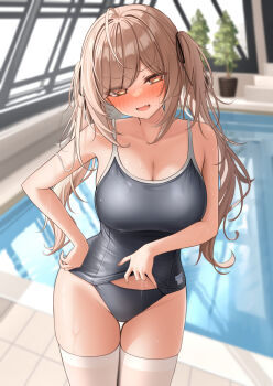1girl bare_arms bare_shoulders black_one-piece_swimsuit blurry blurry_background breasts brown_eyes brown_hair cleavage collarbone commentary commentary_request english_commentary eyes_visible_through_hair hair_ornament hair_ribbon highres imouto-chan_(monaka_curl) indoors large_breasts long_hair looking_at_viewer mixed-language_commentary monaka_curl one-piece_swimsuit open_mouth original paid_reward_available pool rei_no_pool ribbon solo standing swimsuit thighhighs thighs twintails white_thighhighs
