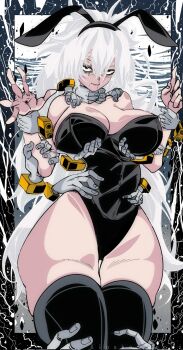 Rule 34 | 1girl, alternate costume, animal ears, black leotard, black thighhighs, boku no hero academia, border, breasts, cowboy shot, curvy, double-parted bangs, fake animal ears, genderswap, genderswap (mtf), hair between eyes, hairband, kinakomochi (user vedc2333), large breasts, leotard, long hair, looking at viewer, messy hair, mole, mole under mouth, open hand, outside border, playboy bunny, pointing, pointing up, rabbit ears, red eyes, scar, scar across eye, scar on face, scar on mouth, severed hand, shigaraki tomura, smile, solo, strapless, strapless leotard, thick thighs, thighhighs, thighs, wrinkled skin
