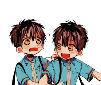 2boys aged_down aoirnn backpack bag blue_shirt brothers brown_hair child collared_shirt commentary commentary_request english_commentary fangs hanako_(jibaku_shounen_hanako-kun) highres jibaku_shounen_hanako-kun looking_at_another male_focus multiple_boys necktie open_mouth shirt short_hair siblings simple_background twins upper_body white_background yellow_eyes yugi_tsukasa