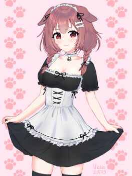 1girl :3 alternate_costume animal_ears artist_name black_thighhighs bone_hair_ornament breasts brown_eyes brown_hair cleavage commentary cowboy_shot dog_ears english_commentary enmaided hair_ornament highres hololive inugami_korone long_hair looking_at_viewer maid maid_headdress medium_breasts paw_print paw_print_background pink_background short_sleeves simple_background skirt_hold smile solo thighhighs twintails vickie_(cryingrobot) virtual_youtuber
