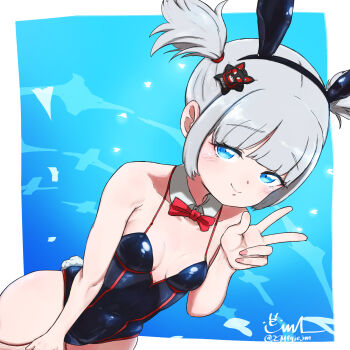 1girl animal_ear_hairband animal_ears blue_background blue_eyes blue_leotard blush border bow bowtie breasts covered_navel detached_collar dutch_angle fake_animal_ears furrowed_brow goddess_of_victory:_nikke grey_hair hair_ornament hair_tie hairband highres iejima_(xmfqiejm) leotard looking_at_viewer outside_border playboy_bunny rabbit_ear_hairband rabbit_ears rabbit_tail red_bow red_bowtie short_twintails sidelocks signature small_breasts smile solo standing tail twintails twitter_username v vesti_(nikke) white_border