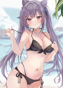 Rule 34 | 1girl, alternate costume, bare arms, bare shoulders, bikini, blurry, blurry background, blush, braid, braided bangs, breasts, cleavage, closed mouth, cone hair bun, cowboy shot, curvy, day, diamond-shaped pupils, diamond (shape), double bun, embarrassed, genshin impact, hair bun, halterneck, hand up, highleg, highleg bikini, highres, keqing (genshin impact), large breasts, looking at viewer, maruro, navel, outdoors, purple eyes, purple hair, side-tie bikini bottom, solo, stomach, strap pull, swimsuit, symbol-shaped pupils, twintails